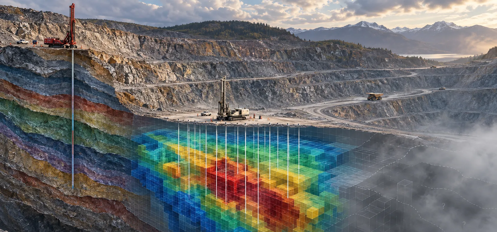 Illustration: drilling data building a 3D model of the deposit beneath an open-pit mine